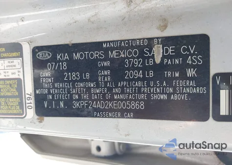 2019 Kia Forte Lxs z USA, uszkodzony, nr VIN 3KPF24AD2KE005868